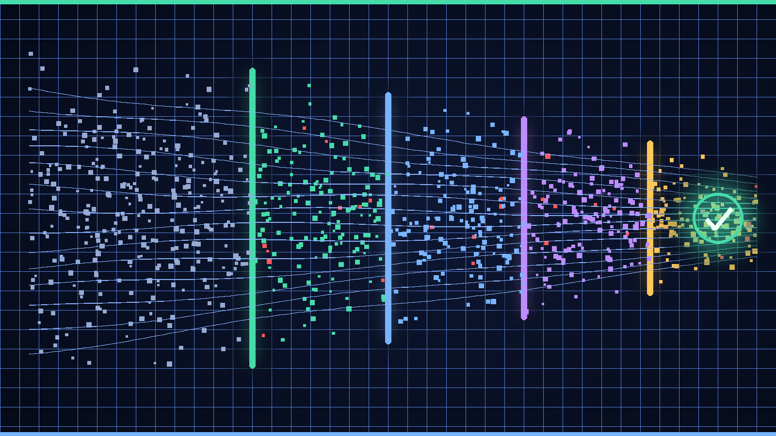 Abstract illustration of artefacts passing through four evidence gates to a validated behaviour