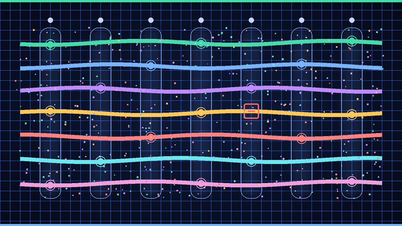 Abstract illustration of seven cross-cutting bands for flow, management, team, oversight, evidence, cost and adoption running horizontally across seven delivery-phase columns, with checkpoint nodes where they intersect
